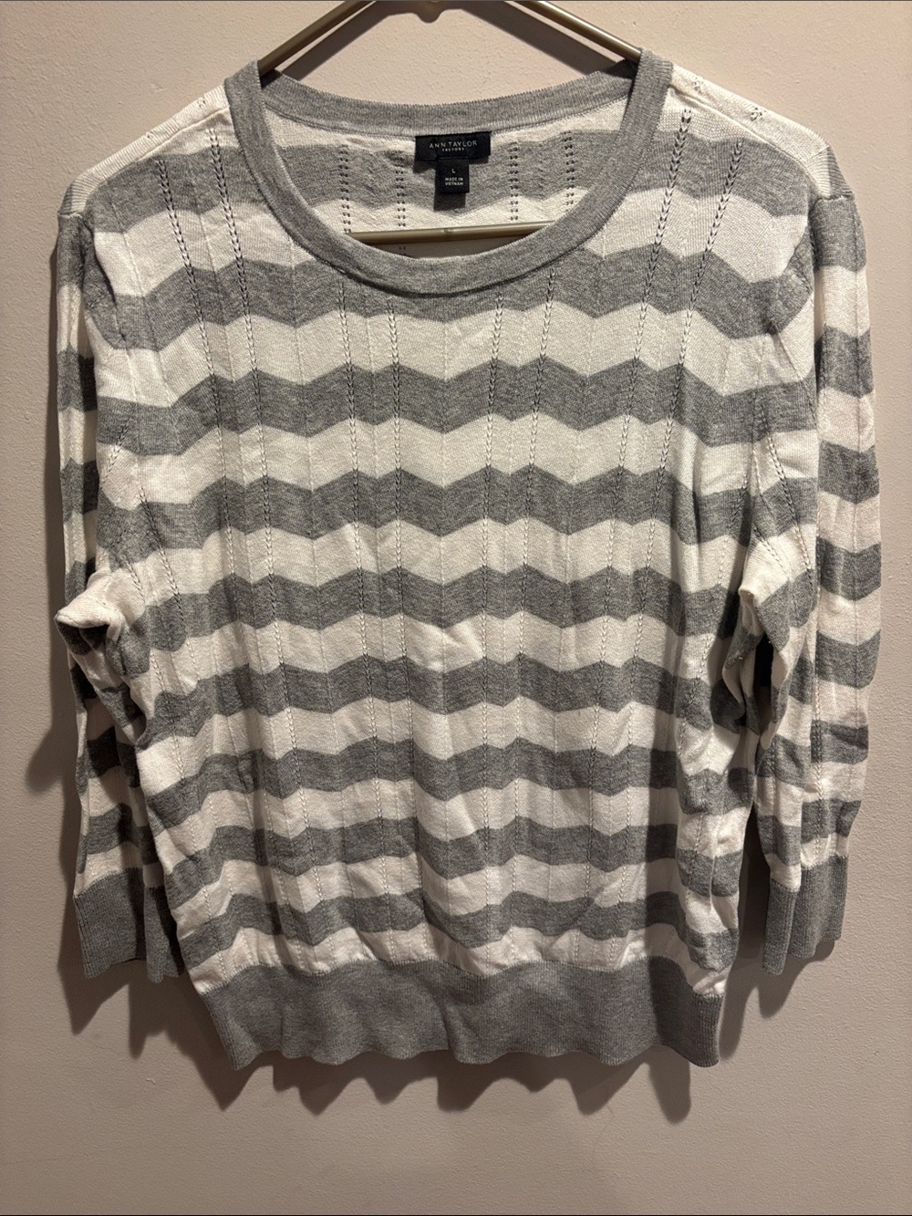 Ann Taylor Gray and White Chevron Crewneck Sweater